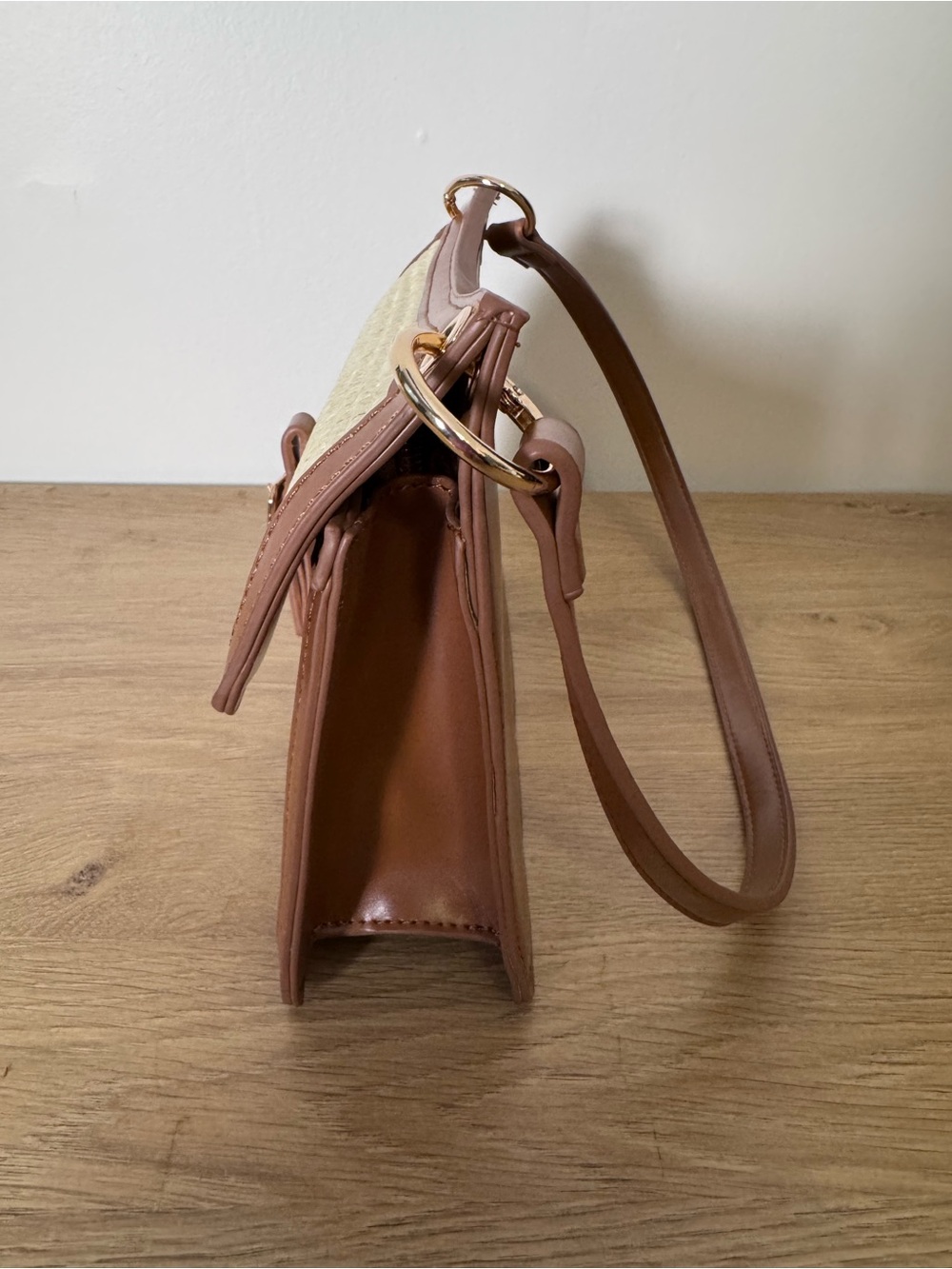 Madison West Cream Woven Crossbody with Brown Trim and Gold Buckle - Picture 2 of 7